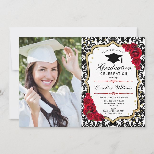 Graduation Party With Photo - Gold Red Black Invitation (Front)