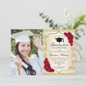Graduation Party With Photo - Gold Red Invitation (Standing Front)