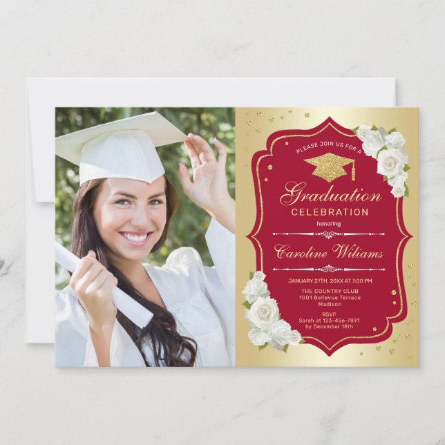 Graduation Party With Photo - Gold Red Invitation (Front)