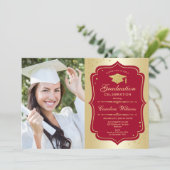 Graduation Party With Photo - Gold Red Invitation (Standing Front)