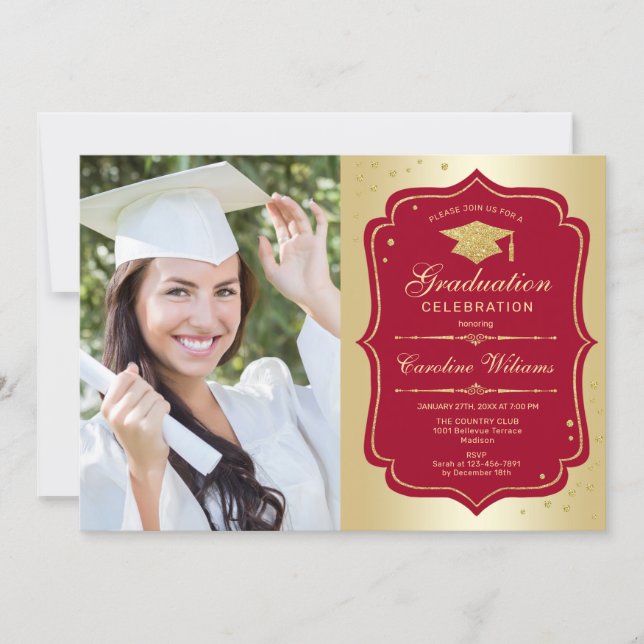 Graduation Party With Photo - Gold Red Invitation (Front)