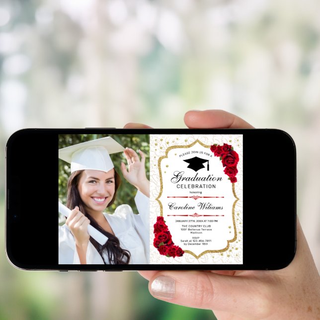 Graduation Party With Photo - Gold Red White Invitation (Front Digital)
