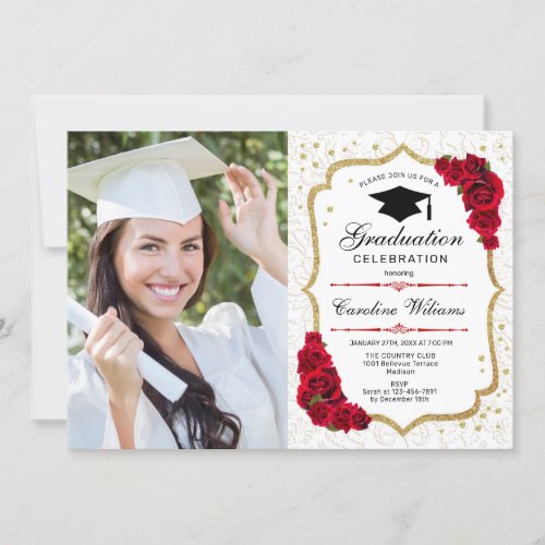 Graduation Party With Photo _ Gold Red White Invitation