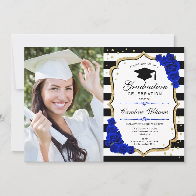 Graduation Party With Photo - Gold Royal Blue Invitation (Front)