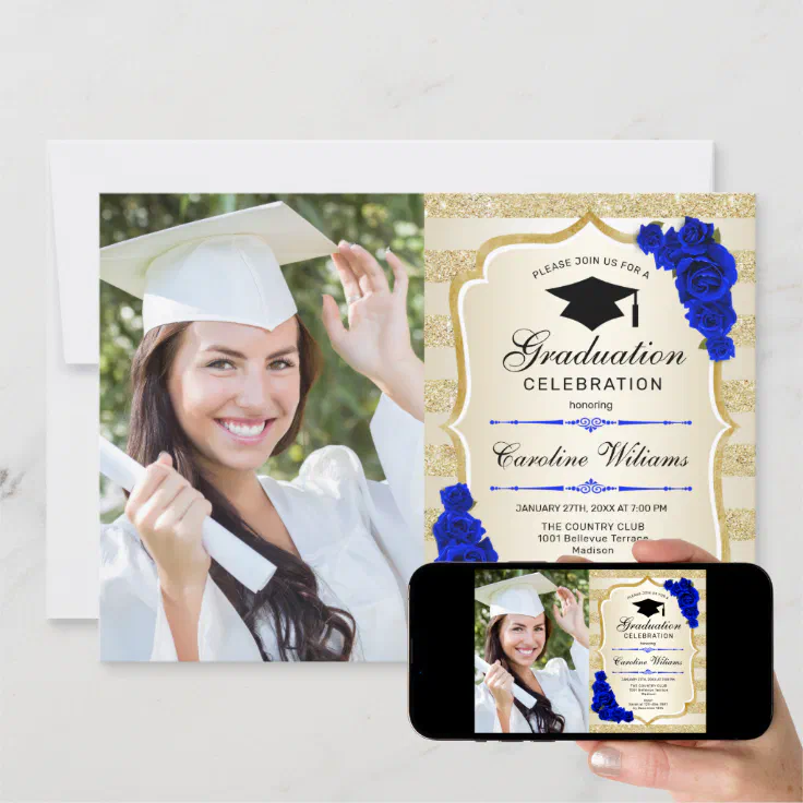 Graduation Party With Photo - Gold Royal Blue Invitation | Zazzle