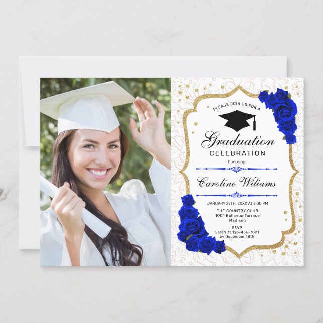 Graduation Party With Photo - Gold Royal Blue Invitation (Front)