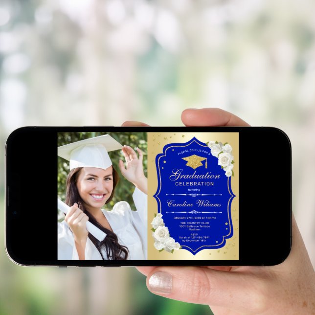 Graduation Party With Photo - Gold Royal Blue Invitation (Front Digital)