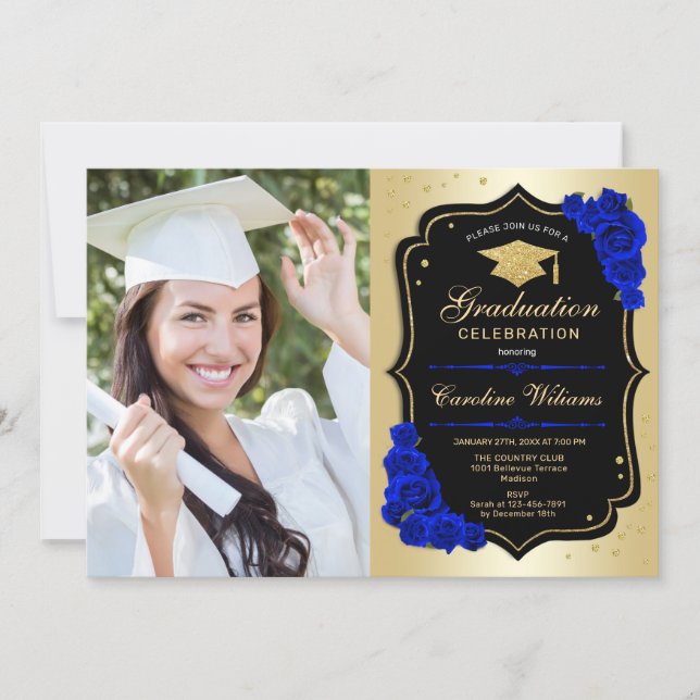 Graduation Party With Photo - Gold Royal Blue Invitation (Front)