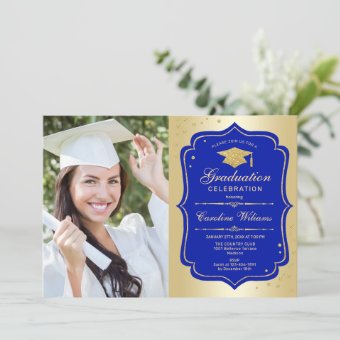 Graduation Party With Photo - Gold Royal Blue Invitation | Zazzle