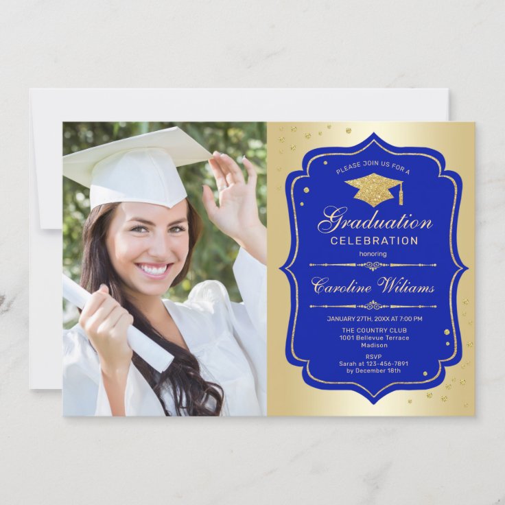 Graduation Party With Photo - Gold Royal Blue Invitation | Zazzle