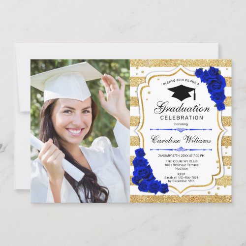 Graduation Party With Photo _ Gold Royal Blue Invitation