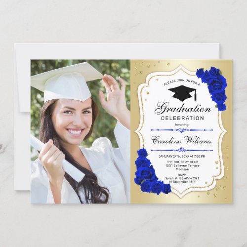 Graduation Party With Photo _ Gold Royal Blue Invitation
