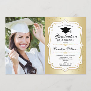 Graduation Party With Photo - Gold White Invitation