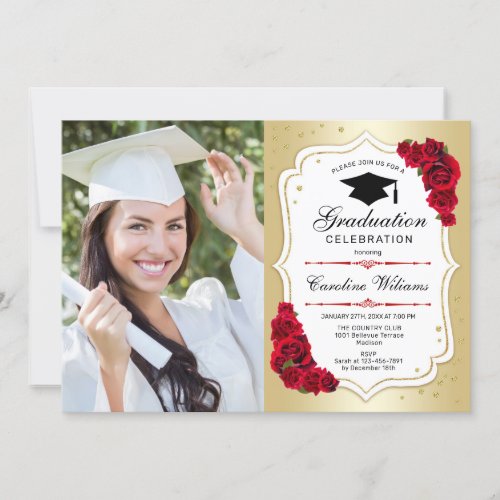 Graduation Party With Photo _ Gold White Red Invitation