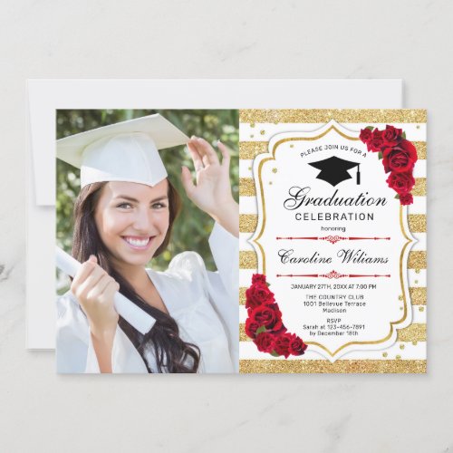Graduation Party With Photo _ Gold White Red Invitation