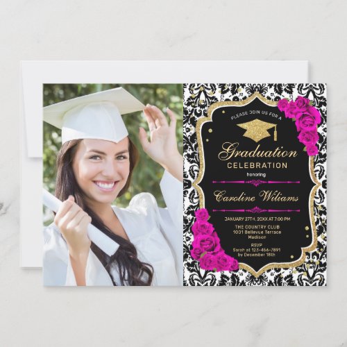 Graduation Party With Photo _ Hot Pink Gold Black Invitation