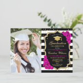Graduation Party With Photo - Hot Pink Gold Black Invitation (Standing Front)