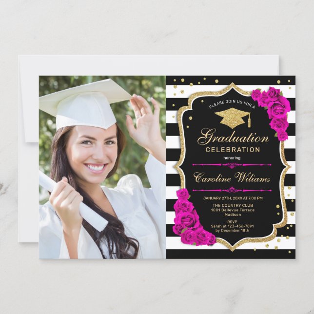 Graduation Party With Photo - Hot Pink Gold Black Invitation (Front)