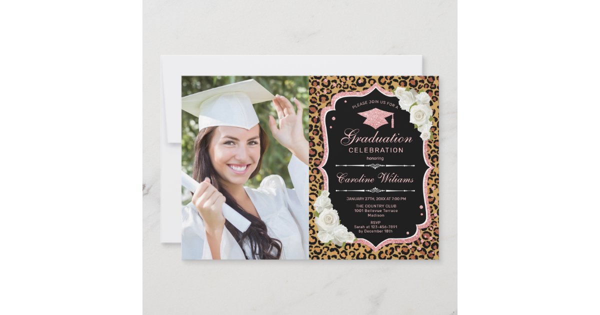 Leopard Graduation Invitations Graduation Party With Photo - Leopard Rose Gold Invitation | Zazzle