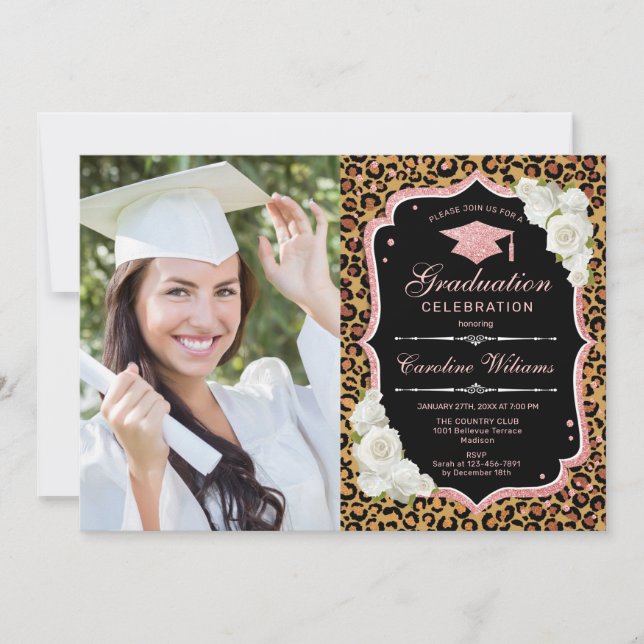 Graduation Party With Photo - Leopard Rose Gold Invitation (Front)