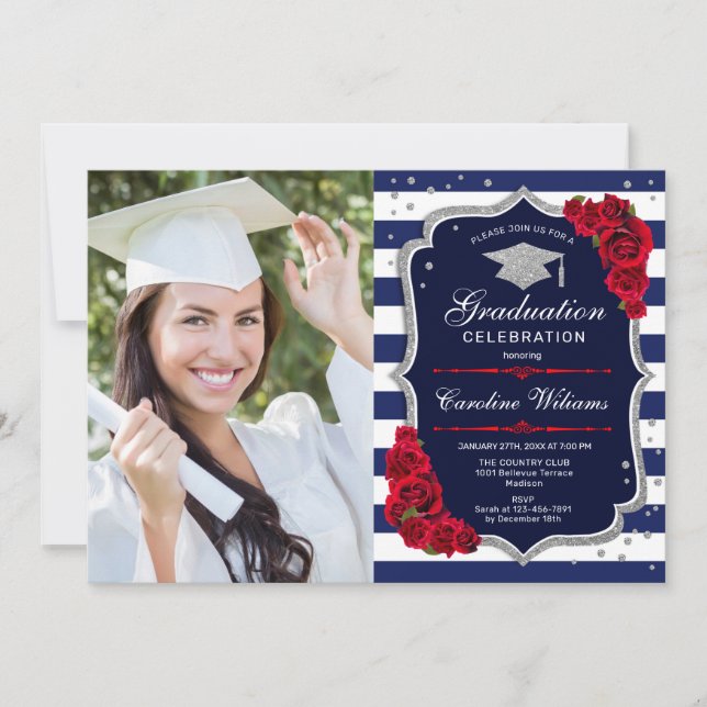 Graduation Party With Photo - Navy Silver Red Invitation (Front)