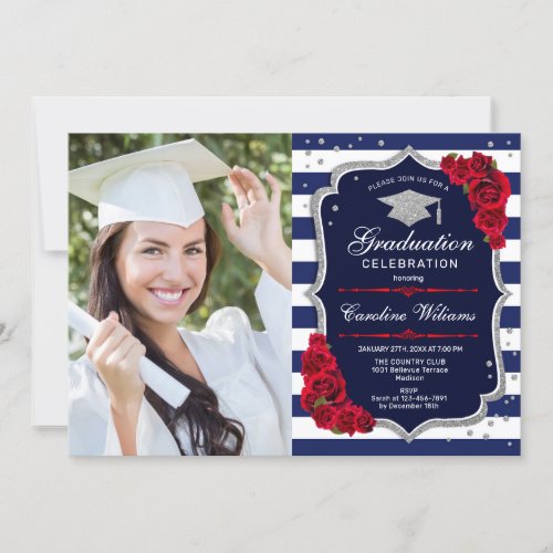 Graduation Party With Photo _ Navy Silver Red Invitation