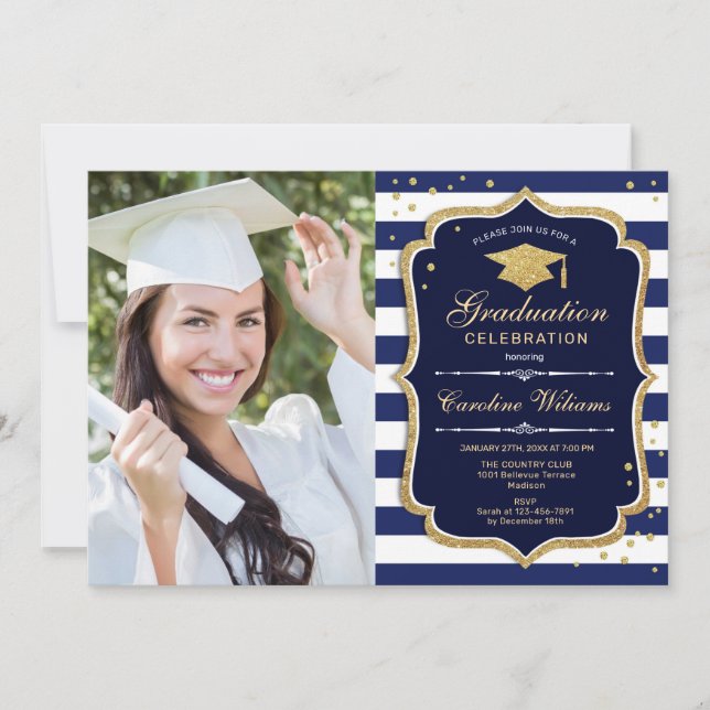 Graduation Party With Photo - Navy White Gold Invitation (Front)