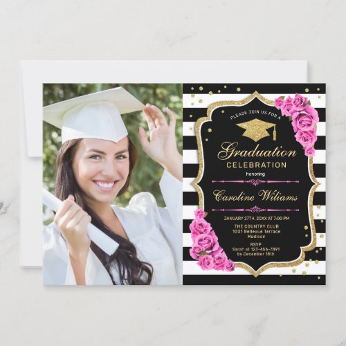 Graduation Party With Photo _ Pink Gold Black Invitation