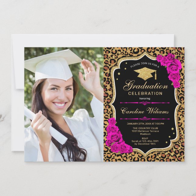 Graduation Party With Photo - Pink Leopard Print Invitation (Front)