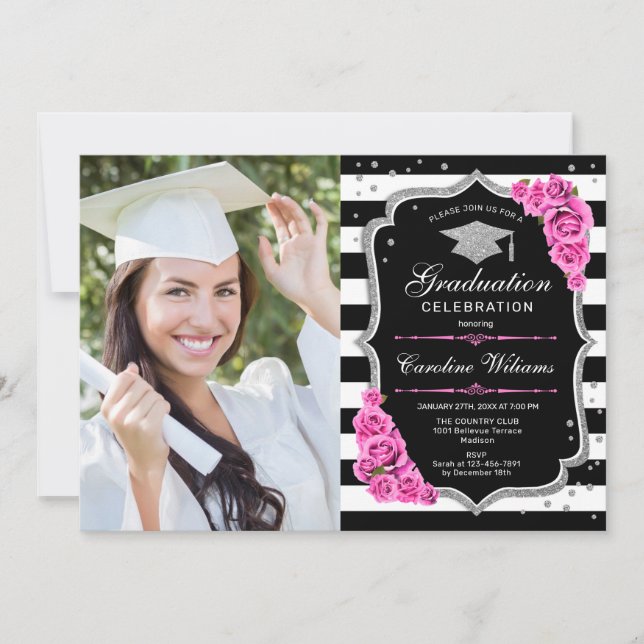 Graduation Party With Photo - Pink Silver Black Invitation (Front)