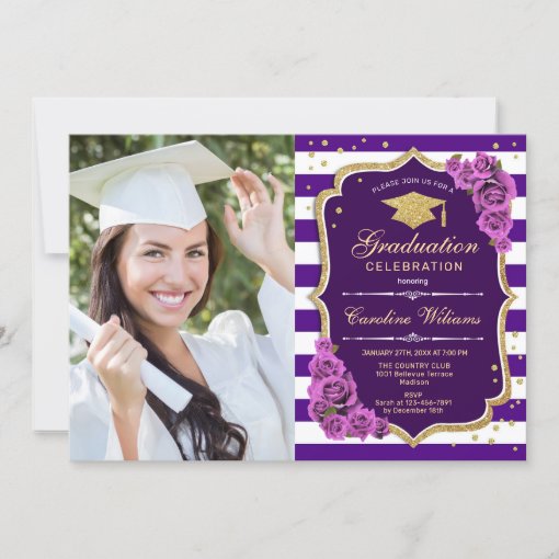 Graduation Party With Photo - Purple Gold Invitation | Zazzle