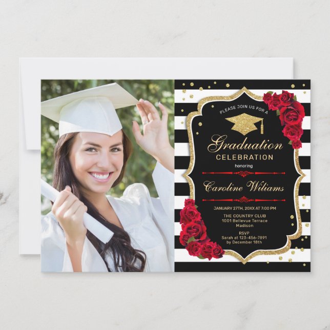 Graduation Party With Photo - Red Gold Black Invitation (Front)