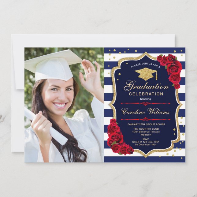 Graduation Party With Photo - Red Gold Navy Invitation (Front)