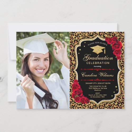 Graduation Party With Photo _ Red Leopard Print Invitation