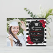 Graduation Party With Photo - Red Silver Black Invitation (Standing Front)