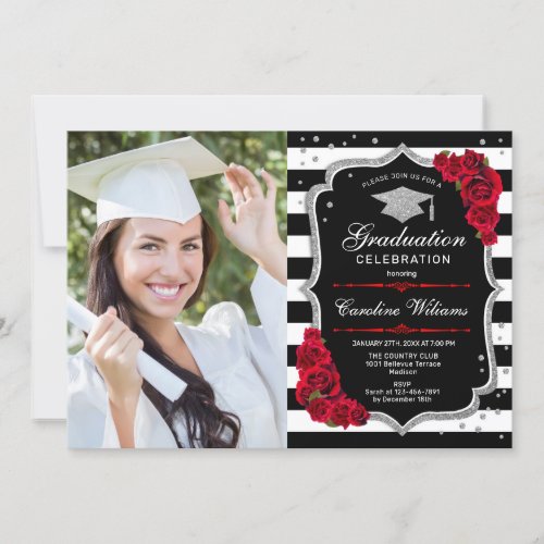 Graduation Party With Photo _ Red Silver Black Invitation
