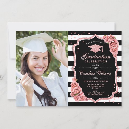 Graduation Party With Photo _ Rose Gold Black Invitation