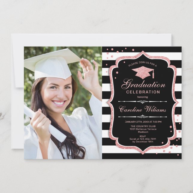 Graduation Party With Photo - Rose Gold Black Invitation (Front)