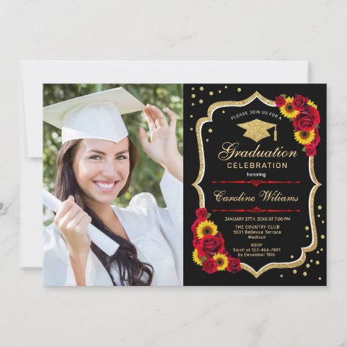 Graduation Party With Photo _ Roses Sunflowers Invitation