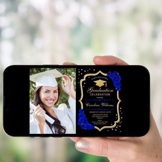 Graduation Party With Photo - Royal Blue Gold Invitation (Front Digital)