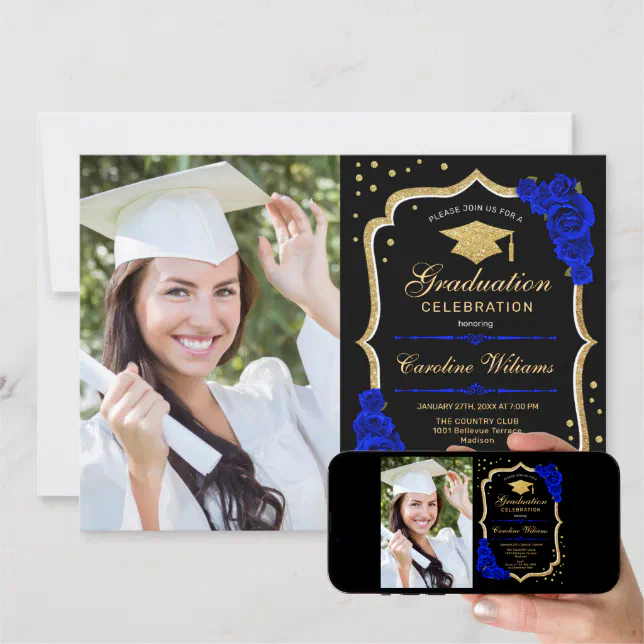 Graduation Party With Photo - Royal Blue Gold Invitation | Zazzle