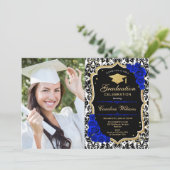 Graduation Party With Photo - Royal Blue Gold Invitation (Standing Front)