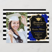 Graduation Party With Photo - Royal Blue Gold Invitation (Front/Back)