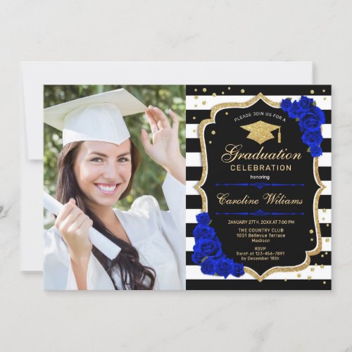 Graduation Party With Photo _ Royal Blue Gold Invitation