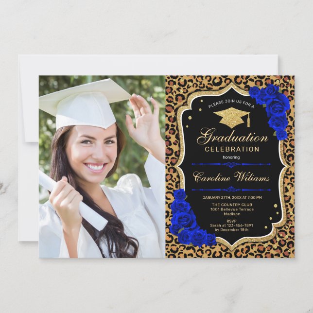 Graduation Party With Photo - Royal Blue Leopard Invitation (Front)