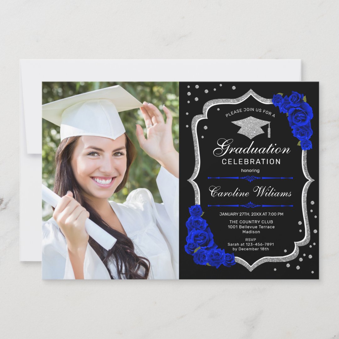 Graduation Party With Photo - Royal Blue Silver Invitation | Zazzle