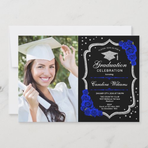 Graduation Party With Photo _ Royal Blue Silver Invitation