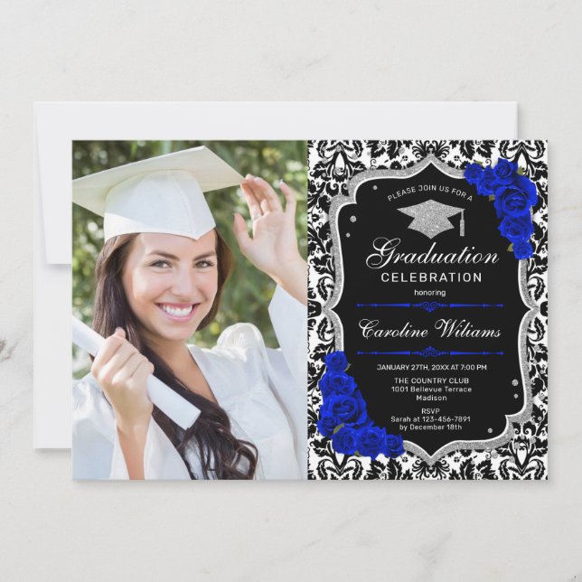 Graduation Party With Photo - Royal Blue Silver Invitation (Front)
