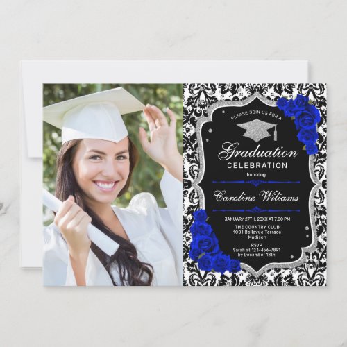 Graduation Party With Photo _ Royal Blue Silver Invitation