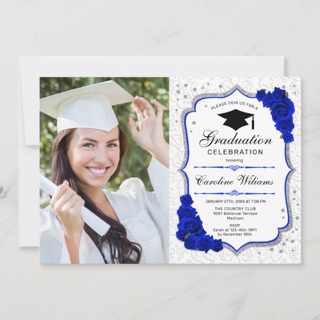 Graduation Party With Photo - Royal Blue White Invitation (Front)